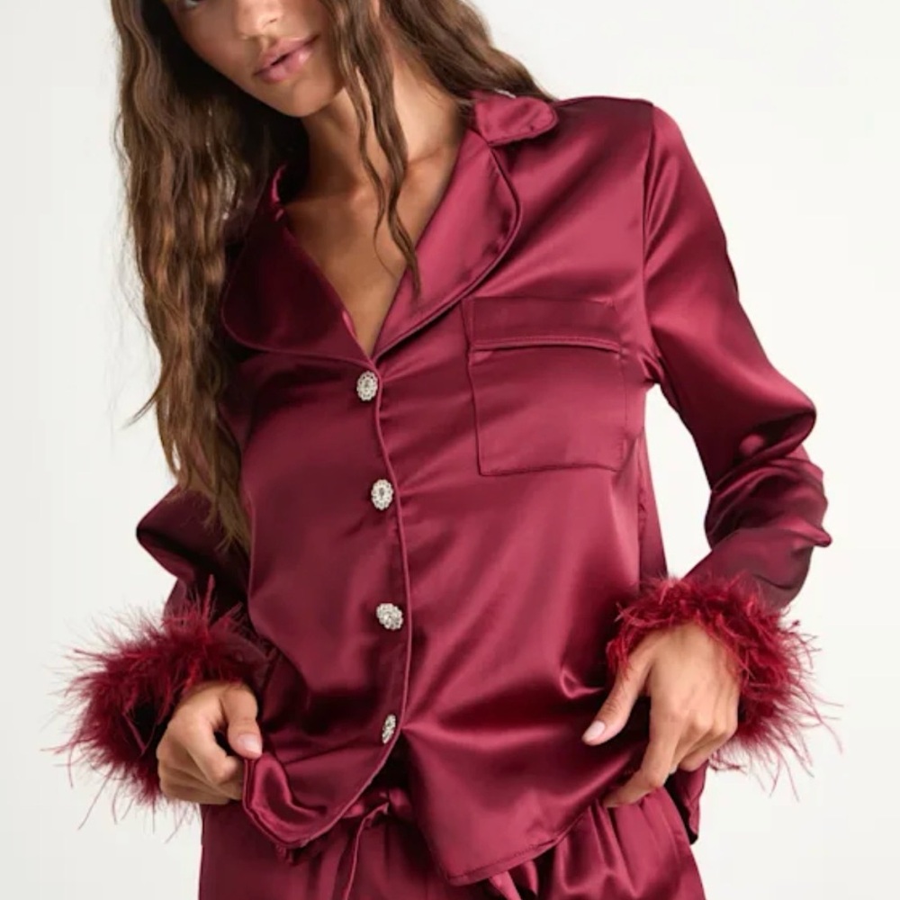 Lulu's Satin Pajama Set with Feather Cuffs - Deep Red/Wine